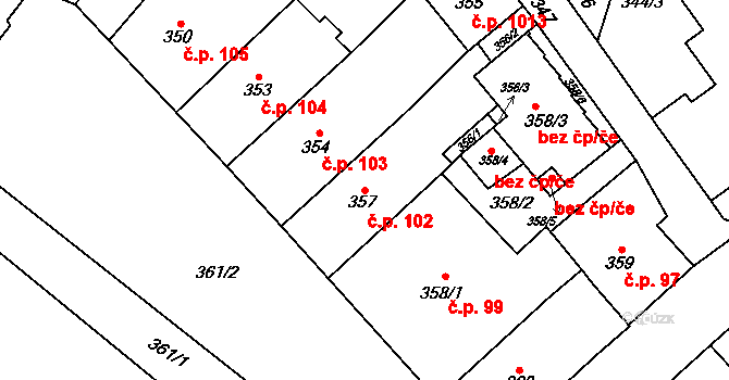 Frýdlant 102 na parcele st. 357 v KÚ Frýdlant, Katastrální mapa