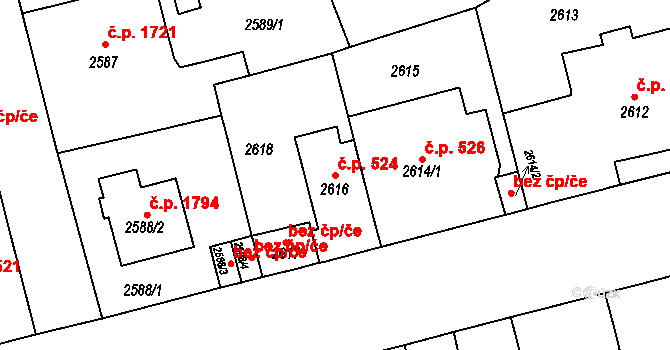 Černá Pole 524, Brno na parcele st. 2616 v KÚ Černá Pole, Katastrální mapa