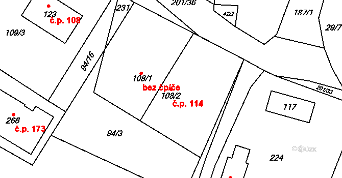 Hradešín 114 na parcele st. 108/2 v KÚ Hradešín, Katastrální mapa