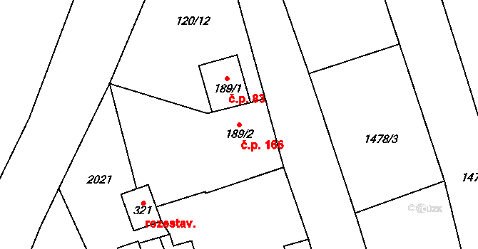 Kunovice 166 na parcele st. 189/2 v KÚ Kunovice, Katastrální mapa