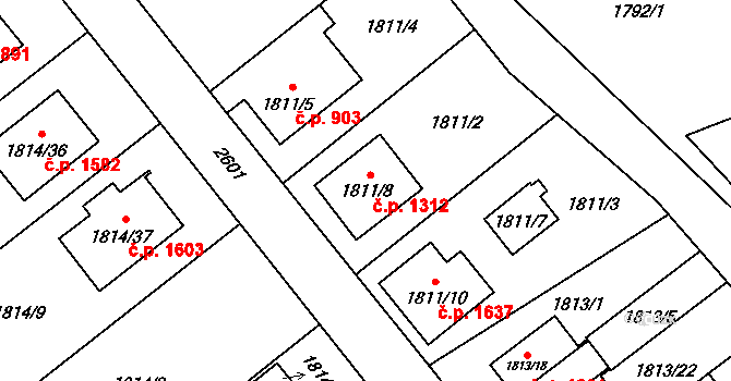 Radotín 1312, Praha na parcele st. 1811/8 v KÚ Radotín, Katastrální mapa