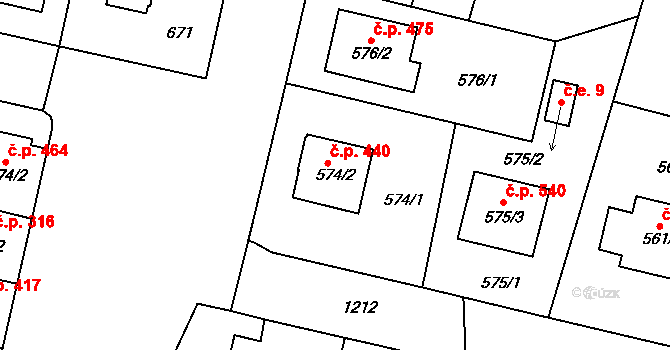 Nebušice 440, Praha 10 na parcele st. 574/2 v KÚ Nebušice, Katastrální mapa