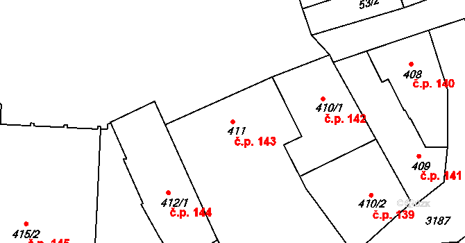 Příbram I 143, Příbram na parcele st. 411 v KÚ Příbram, Katastrální mapa