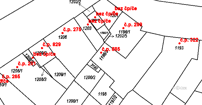 Lužice 885 na parcele st. 1196/3 v KÚ Lužice u Hodonína, Katastrální mapa