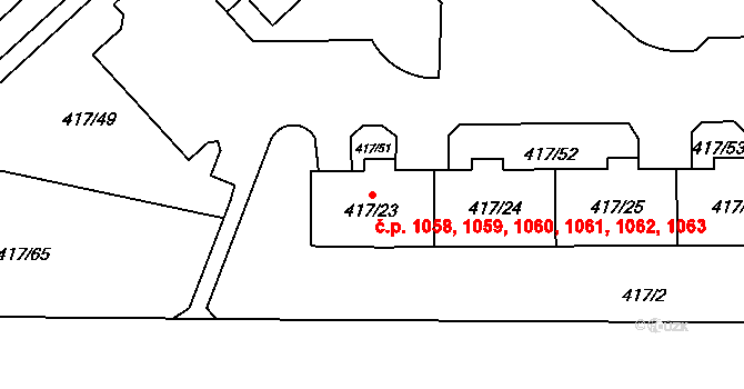 Doubravka 1058,1059,1060,1061,, Plzeň na parcele st. 417/23 v KÚ Doubravka, Katastrální mapa