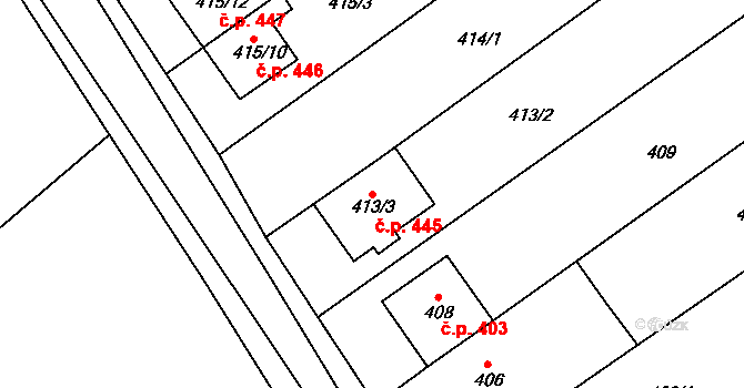 Troubsko 445 na parcele st. 413/3 v KÚ Troubsko, Katastrální mapa