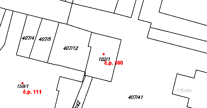 Kobeřice 100, Hradčany-Kobeřice na parcele st. 102/1 v KÚ Kobeřice, Katastrální mapa