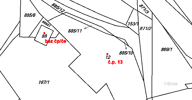 Lhota 13, Kelč na parcele st. 12 v KÚ Lhota u Kelče, Katastrální mapa