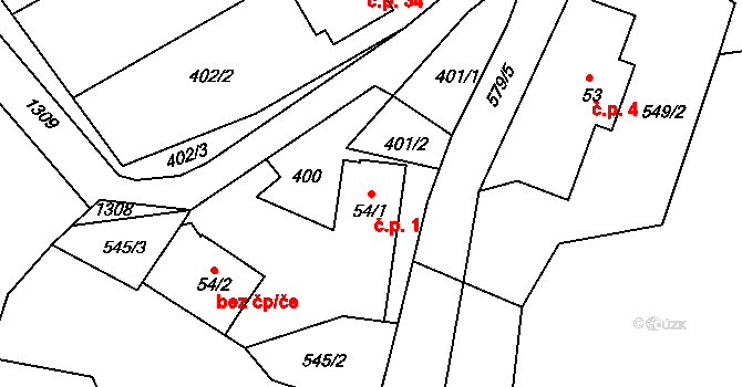 Žlebská Lhotka 1, Žlebské Chvalovice na parcele st. 54/1 v KÚ Žlebské Chvalovice, Katastrální mapa