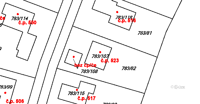 Senec 523, Zruč-Senec na parcele st. 783/107 v KÚ Senec u Plzně, Katastrální mapa