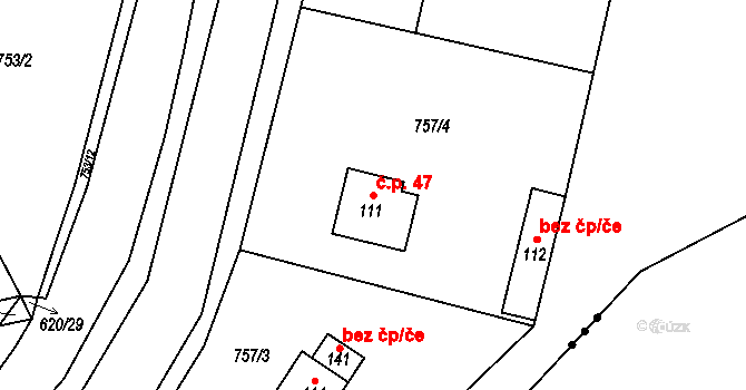 Lašovice 47 na parcele st. 111 v KÚ Lašovice, Katastrální mapa