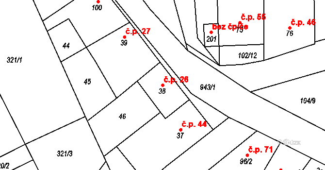 Hlinsko pod Hostýnem 26, Bystřice pod Hostýnem na parcele st. 38 v KÚ Hlinsko pod Hostýnem, Katastrální mapa