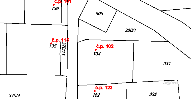 Martinice 102 na parcele st. 134 v KÚ Martinice u Holešova, Katastrální mapa