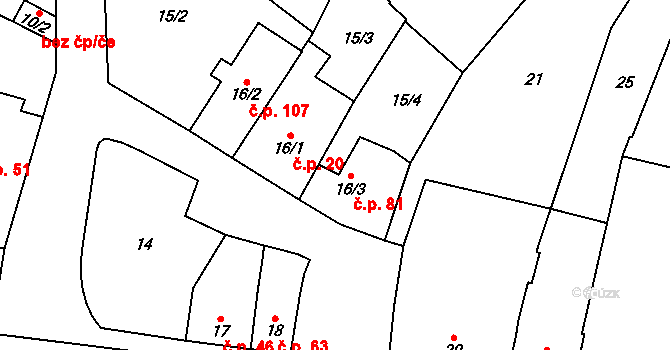 Bílovice 81, Bílovice-Lutotín na parcele st. 16/3 v KÚ Bílovice, Katastrální mapa