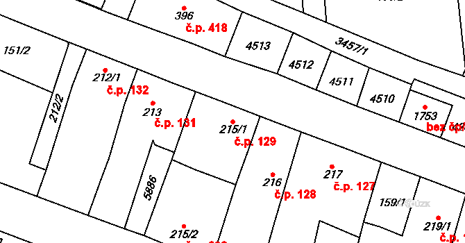 Hrušovany nad Jevišovkou 129 na parcele st. 215/1 v KÚ Hrušovany nad Jevišovkou, Katastrální mapa