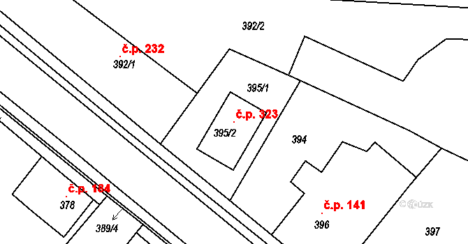 Kozolupy 323 na parcele st. 395/2 v KÚ Kozolupy u Plzně, Katastrální mapa
