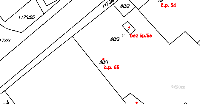 Jíkev 55 na parcele st. 80/1 v KÚ Jíkev, Katastrální mapa