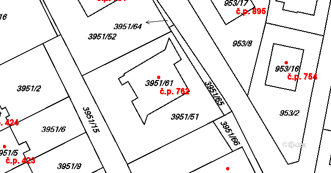 Žižkov 762, Kutná Hora na parcele st. 3951/61 v KÚ Kutná Hora, Katastrální mapa