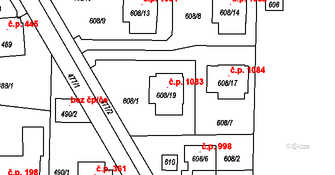 Průhonice 1083 na parcele st. 608/19 v KÚ Průhonice, Katastrální mapa