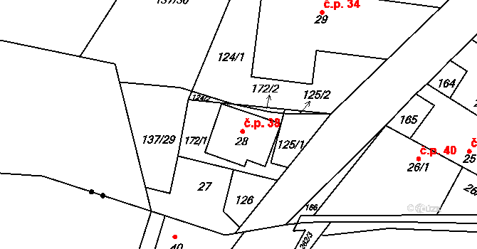 Olešnice 38, Bouzov na parcele st. 28 v KÚ Olešnice u Bouzova, Katastrální mapa
