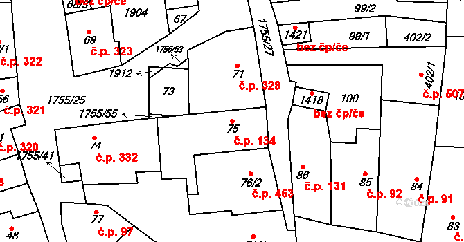 Libochovice 134 na parcele st. 75 v KÚ Libochovice, Katastrální mapa