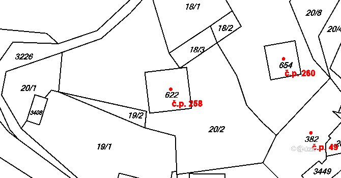 Lužná 258 na parcele st. 622 v KÚ Lužná u Vsetína, Katastrální mapa
