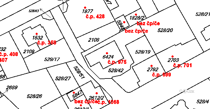 Borovina 975, Třebíč na parcele st. 6424 v KÚ Třebíč, Katastrální mapa