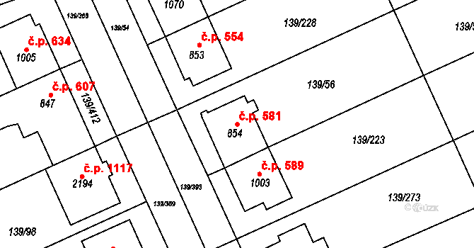 Podklášteří 581, Třebíč na parcele st. 854 v KÚ Podklášteří, Katastrální mapa