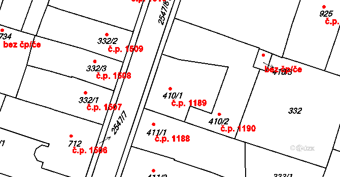 Nový Bydžov 1189 na parcele st. 410/1 v KÚ Nový Bydžov, Katastrální mapa
