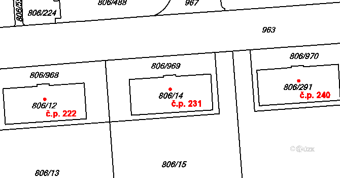 Malešice 231, Praha na parcele st. 806/14 v KÚ Malešice, Katastrální mapa