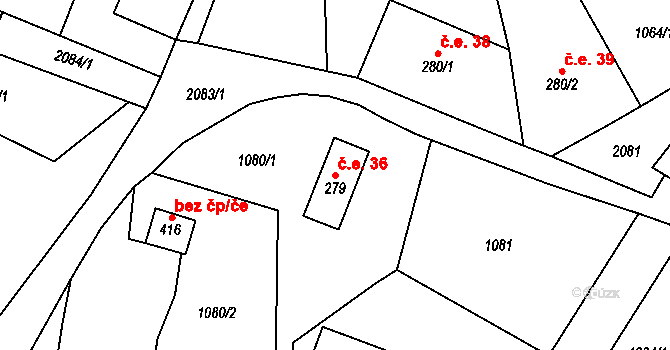 Polesí 36, Rynoltice na parcele st. 279 v KÚ Polesí u Rynoltic, Katastrální mapa