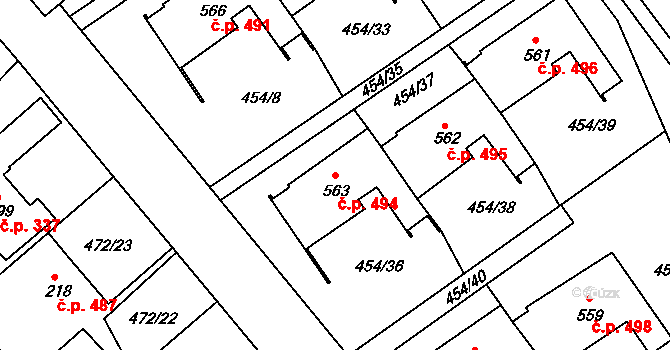 Třebeš 494, Hradec Králové na parcele st. 563 v KÚ Třebeš, Katastrální mapa