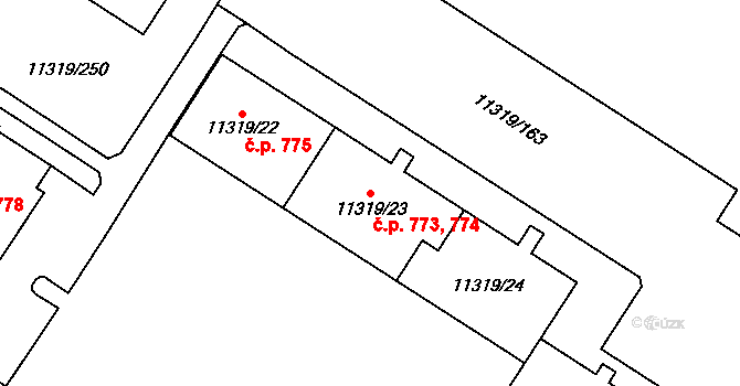 Severní Předměstí 773,774, Plzeň na parcele st. 11319/23 v KÚ Plzeň, Katastrální mapa