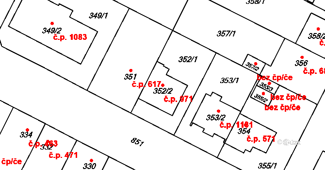 Lobzy 971, Plzeň na parcele st. 352/2 v KÚ Lobzy, Katastrální mapa