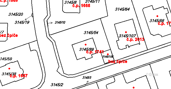 Kadaň 1741 na parcele st. 3145/89 v KÚ Kadaň, Katastrální mapa