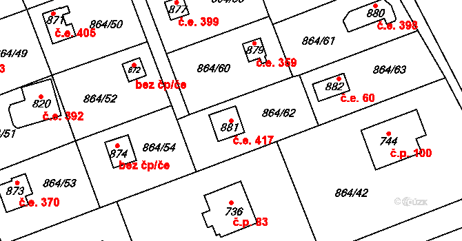 Bojov 417, Čisovice na parcele st. 881 v KÚ Čisovice, Katastrální mapa