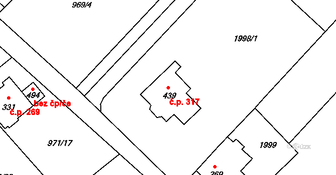Dřísy 317 na parcele st. 439 v KÚ Dřísy, Katastrální mapa