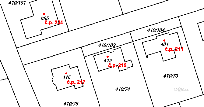 Veleň 215 na parcele st. 412 v KÚ Veleň, Katastrální mapa