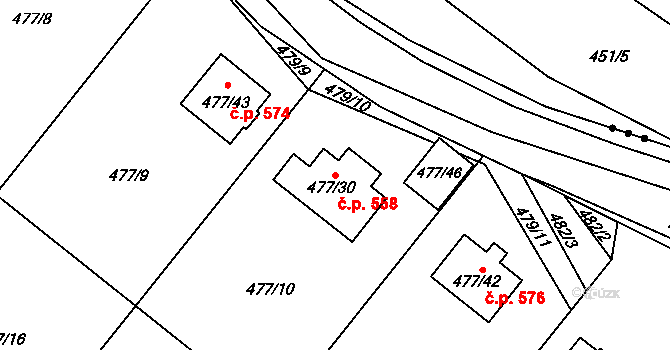 Komárov 558 na parcele st. 477/30 v KÚ Komárov u Hořovic, Katastrální mapa
