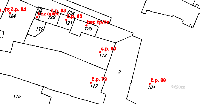 Jemnice 80 na parcele st. 118 v KÚ Jemnice, Katastrální mapa