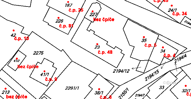 Řetechov 48, Luhačovice na parcele st. 23 v KÚ Řetechov, Katastrální mapa