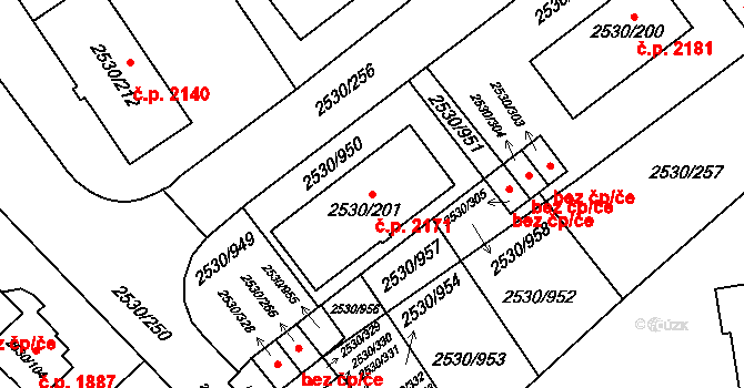 Předměstí 2171, Opava na parcele st. 2530/201 v KÚ Opava-Předměstí, Katastrální mapa