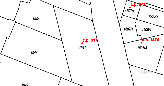 Kunovice 317 na parcele st. 1947 v KÚ Kunovice u Uherského Hradiště, Katastrální mapa