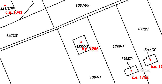 Černice 1256, Plzeň na parcele st. 1384/3 v KÚ Bručná, Katastrální mapa