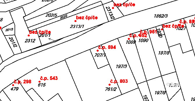 Slaný 594 na parcele st. 707/1 v KÚ Slaný, Katastrální mapa