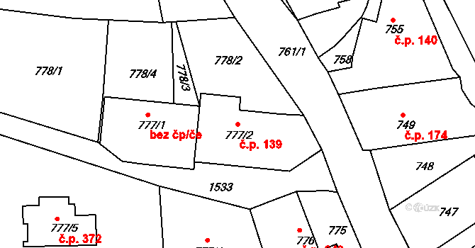 Bohuslavice 139 na parcele st. 777/2 v KÚ Bohuslavice nad Metují, Katastrální mapa
