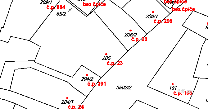 Lysice 23 na parcele st. 205 v KÚ Lysice, Katastrální mapa