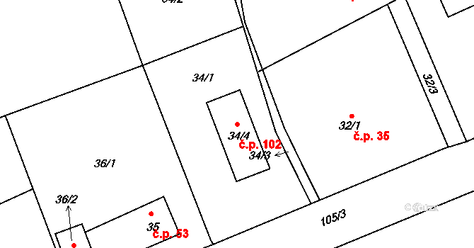 Prchalov 102, Příbor na parcele st. 34/4 v KÚ Prchalov, Katastrální mapa