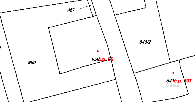 Bernartice nad Odrou 55 na parcele st. 959 v KÚ Bernartice nad Odrou, Katastrální mapa