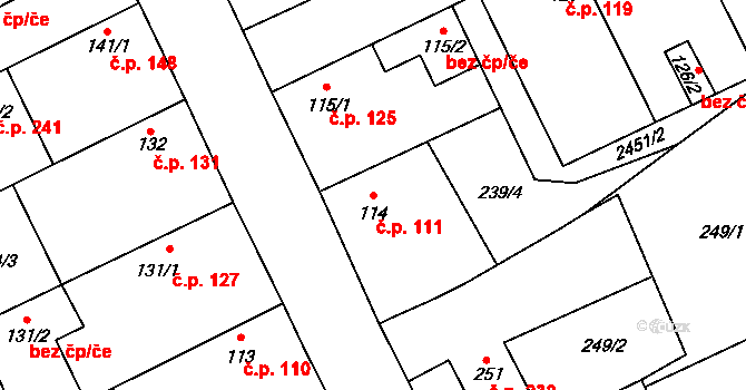 Krupá 111 na parcele st. 114 v KÚ Krupá, Katastrální mapa